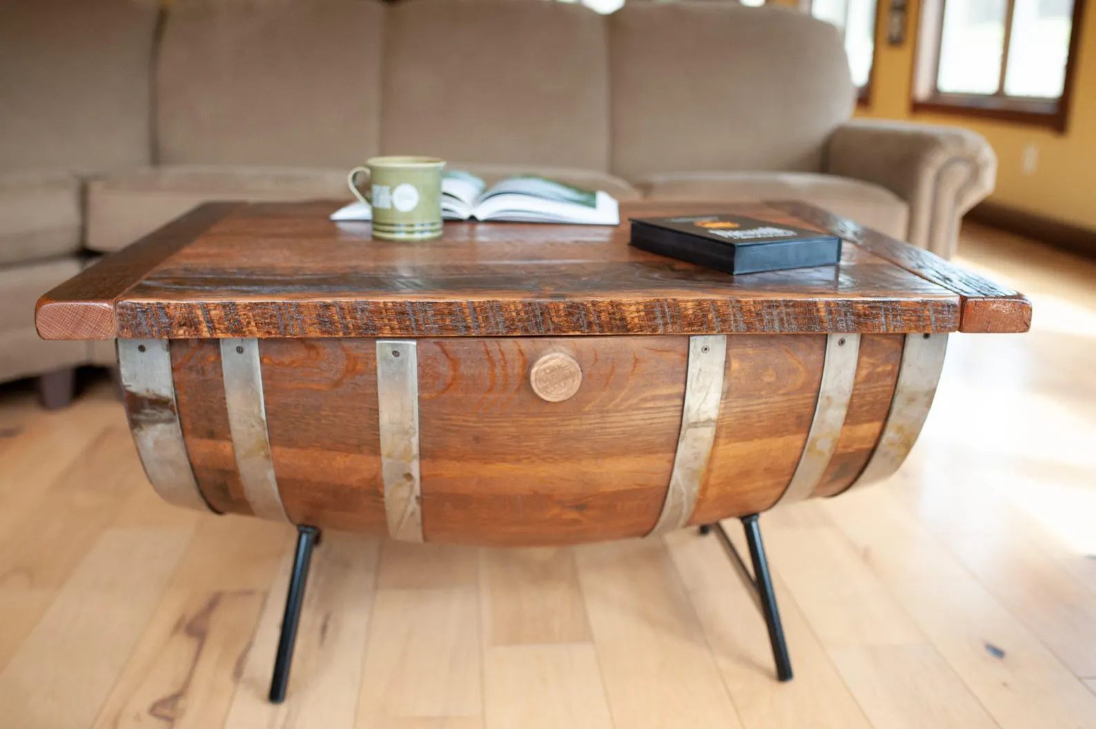 Whiskey Barrel Reclaimed Wood Coffee Table with Storage - Image 2